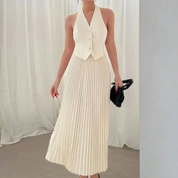 Summer suit vest single breasted suit skirt lapel top fashion pleated skirt 260209