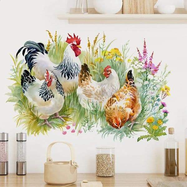 1PC Chinese Style Countryside Style Chicken Foraging In Grass Stickers Decorative Living Room Kitchen Refrigerator Waterproof 260130