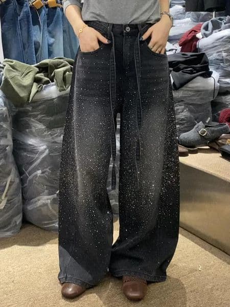 Glittering Rhinestone Denim Pants Womens Jeans Wide Leg n Sensation Floor-Length Pants loose jeans 260122