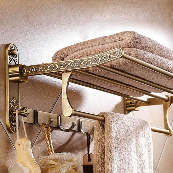 Aluminum Foldable Antique Brass Bath Towel Rack Active Bathroom Towel Holder Double Towel Shelf With Hooks Bathroom Accessories 260208