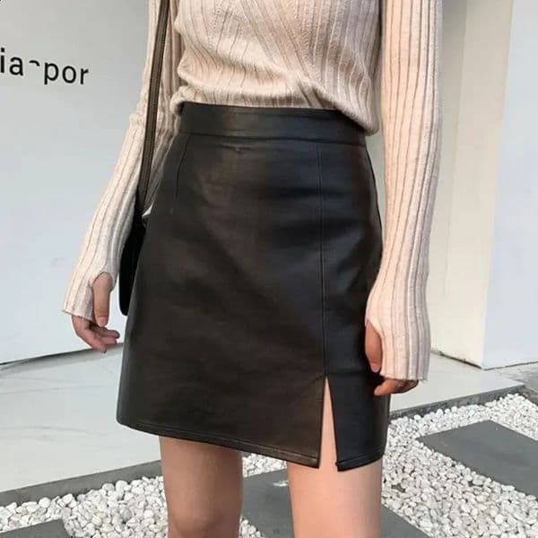 Slit Leather Skirt Female Autumn Winter A line Office Lady Sheath High Waist Slimming Mujer Faldas 260209BANJIA