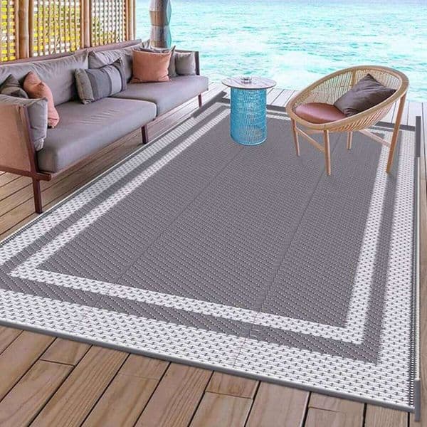 6' x 9' Mat with Ground Pegs - Durable PP Material, Gray White Grid Pattern, Perfect for Patio, Camping and Outdoor 26H0211