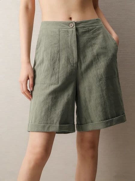 Womens High Waist Cotton Linen Blend Shorts Elastic with Pockets Summer Casual Loose Wide Leg Rolled Hem Female Pants 260209BANJIA
