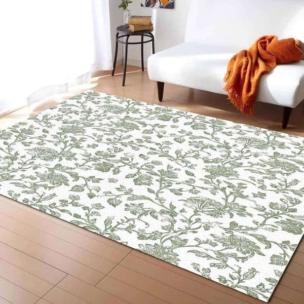 Vintage Green Floral Washable Area Farmhouse Flower Pastoral Style Non Slip Rugs for Living Room Bedroom, Low Pile Floor 26H0211