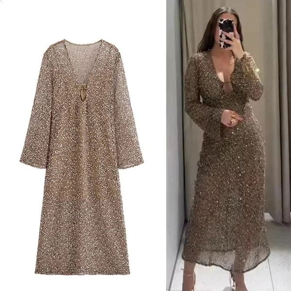 Sexy Sequined Long Pleated Dres Deep Vneck Full Sleeve See Through Dresses 2025 Summer Lady Party Evening 260209