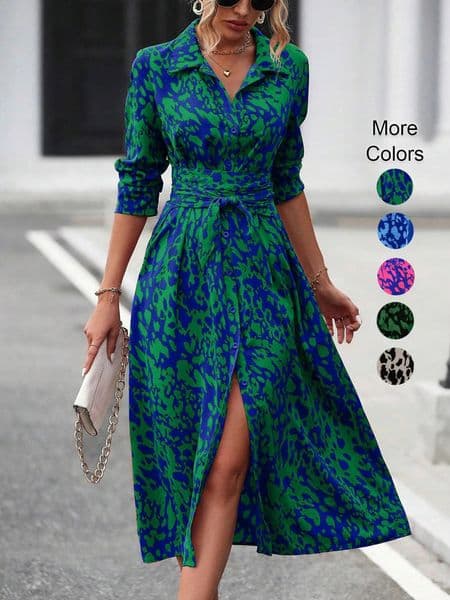 Elegant Random Print Button Down Shirt Dress Long Sleeve Belted Waist Midi Spring Fall Office Casual 260209