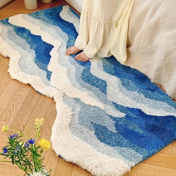 Blue Sea Wave Flocking Rug Bedroom Rug Corridor Area Floor Pad Mat Doormat Aesthetic Home Decor 260129