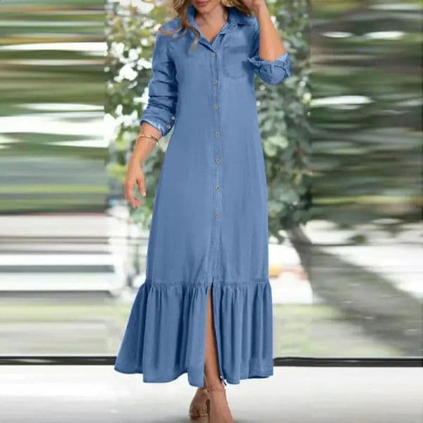 Womens Long Sleeved Loose Denim Dress with Lapel Button Up Cardigan Solid Color Casual 260130
