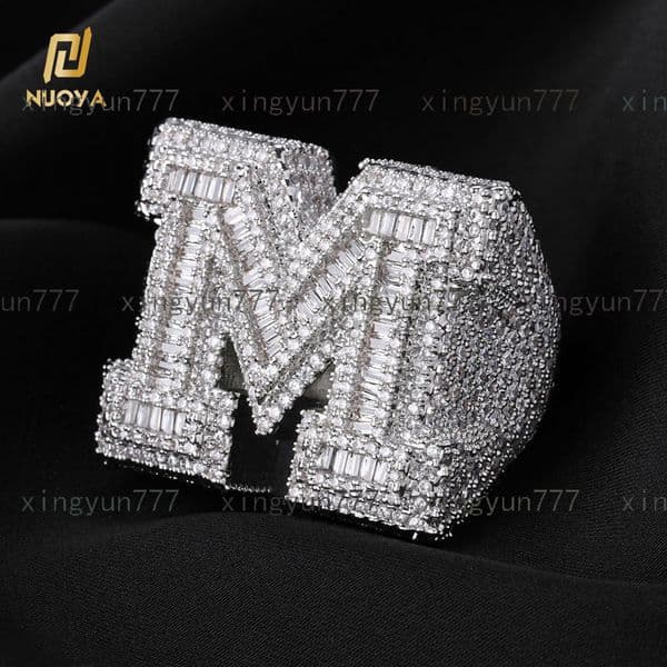 NUOYA Custom Shiny Diamond Jewelry Initial Letter Micro Pave Baguette Moissanite VVS White Gold Plated Iced Out 26 Letters Hip Hop Ring