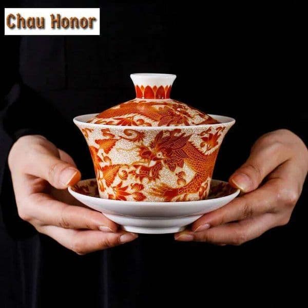 250ml Enamel Color Sancai Gaiwan Master Cups Retro Chinese Teacup Lid And Saucer Set Chrysanthemum Tea Teaware 26W0211