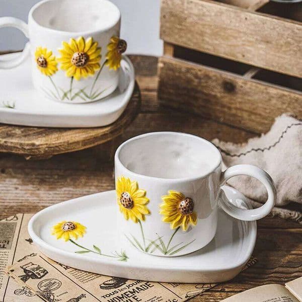 1 Set Ceramic Sunflower Coffee Mug With Dessert Plate Novelty 3D Cake Saucer Afternoon Tea Milk Teacup 430Ml Microwave Safe 26W0211 B2