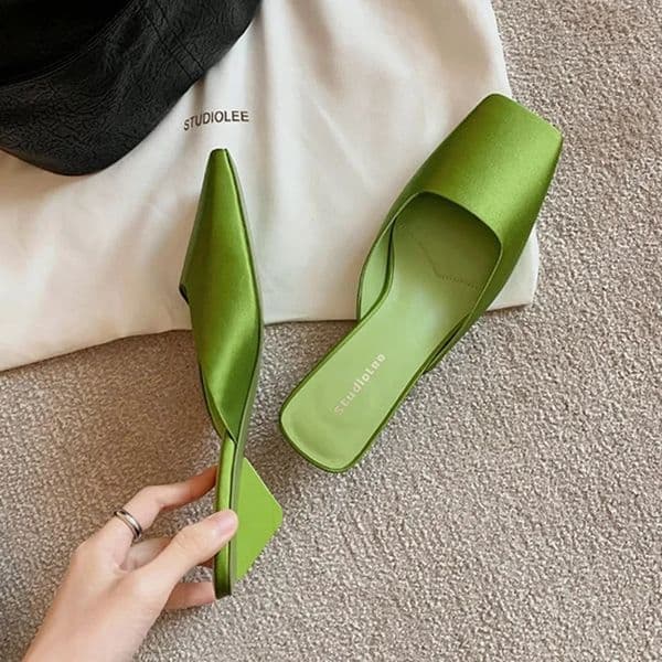 Satin Mules Shoes for Women Summer Sexy Square Head Strange Low Heel Slide Sandals Elegant Comfort Dress Slippers 260122