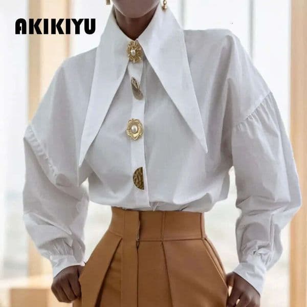 Spring Fashion Long Sleeved Pointed Office Womens Shirt Flip Collar Loose Clothing AKIKIYU