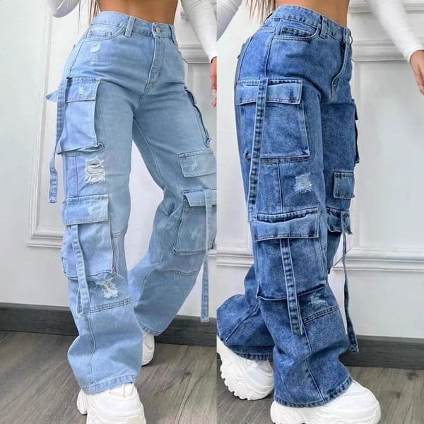 Fashion Pure Color Casual Workwear Denim High Waist Multi Pocket Loose Fit Womens Jeans Versatile plus Size 260128