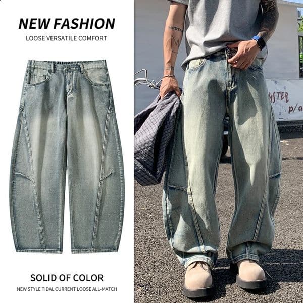 Mens Baggy Lantern Wide Leg Jeans Vintage Washed Denim Pants Loose Streetwear Casual Trousers for Spring Autumn Daily Outdoor 260206BJ