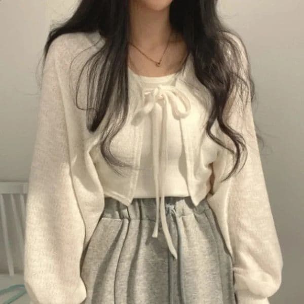Thin White Cardigan Women Summer Sunscreen Laceup Knitwear Tops Lady Korean Style Casual Lantern Sleeve Short Sun Protected Top 260209
