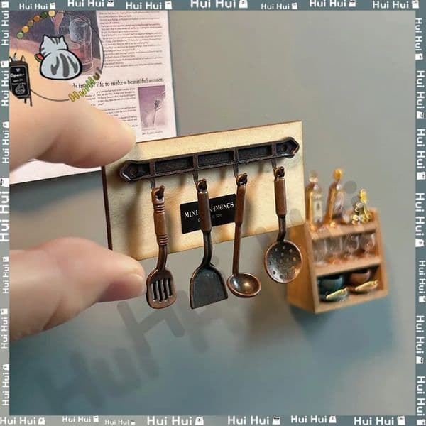 Miniature World On Fridge Miniature Fridge Stickers Soup Ladle Frying Pan Spatula Kitchenware Fridge Stickers Creative Magnets 260202