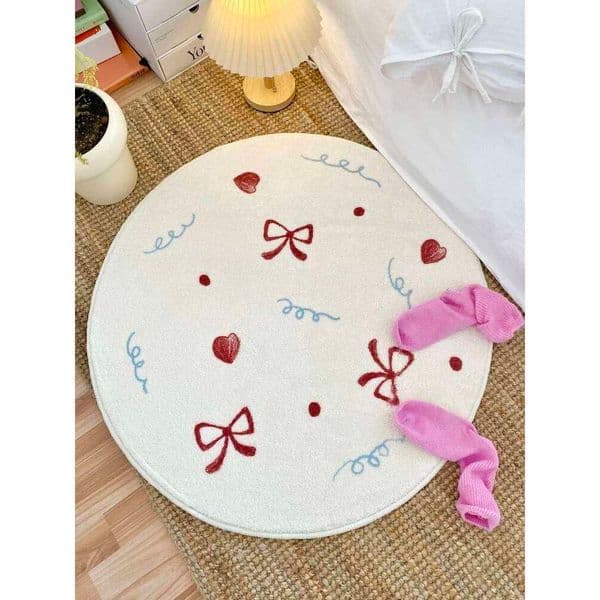 VIKAMA Bowknot Round Living Room Carpet Soft and Comfortable Washable Home Decoration Girls' Bedroom Side Rug 26H0211