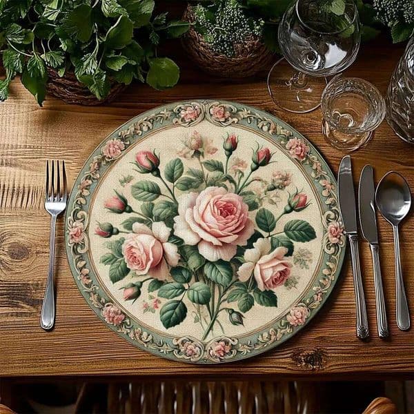 VIKAMA 4pcs Vintage Floral Round Machine Washable Pink Rose And Green Leaf Pattern Placemats Elegant Table Decor 26L0212