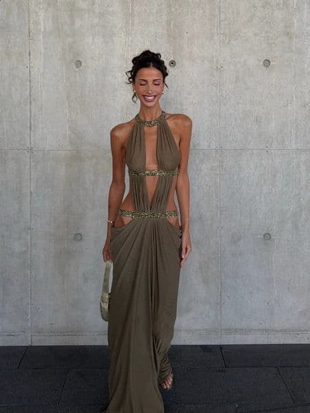 Backless Sequin Halter Dress Women Sexy Sleeveless Off Shoulder Hollow Out Pleated Maxi Dresses Lady Evening Party Gowns 260206BJ