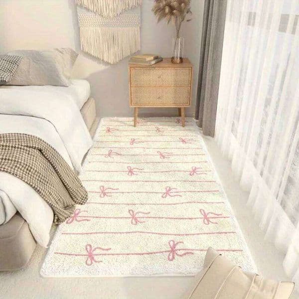 VIKAMA Ins Wind Cream Pink Bow Long Runner Soft Skin Friendly Non Slip Floor Mat Bedroom Bedside Rug Home Decor 26H0211