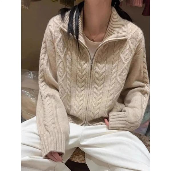 100shmere cardigan for women high neck loose and soft sweater autumn winter wool knitted thickened coat 260126