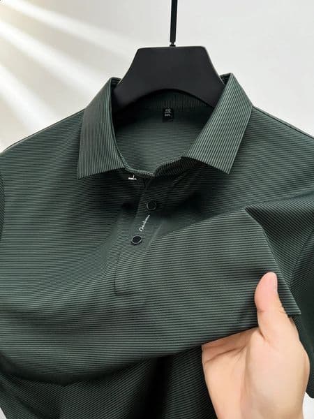 Summer Short sleeved High end Textured Letter Mens POLO Shirt Comfortable Silk Ice Feel Casual Business lapel T-shirt 260206