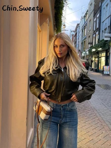 Street Vintage Pockets Cropped Leather Jacket Women Loose Stand Collar Long Sleeve Zipper Coat 2026 Autumn Lady Chic Outwear 260209