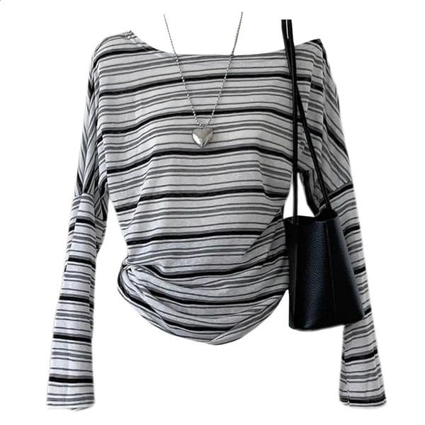 Women Striped Y2k T-shirt Gyaru Slash Neck Tee Top Vintage 90s Aesthetic Long Sleeve T-shirts 2000s Emo Oversize Clothes Autumn 260202