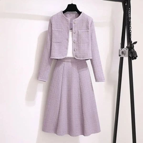 Elegant Womens Clothing Tweed Style Top Skirt Set Autumn Fashion Plussize Wear 250203BJ