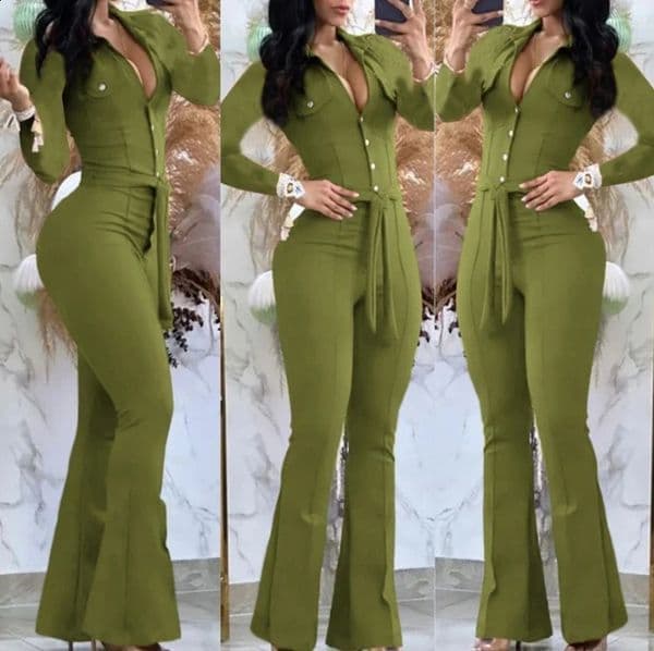 Jumpsuit Women Autumn Fashion Button Casual Turn-Down Collar Long Sleeve Skinny Bootcut Jumpsuit with Belt Y2K Streetwear 260209BJ