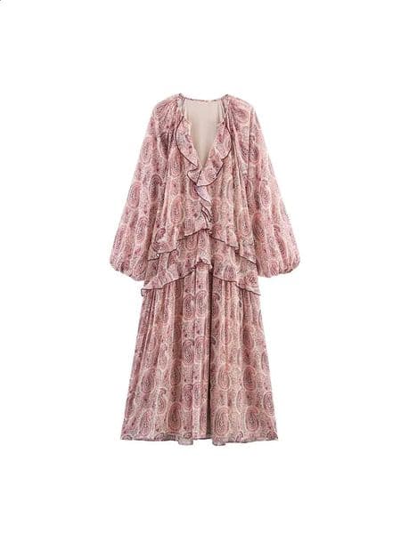 2025 Women Summer MIDI Dress Vintage Print Chiffon VNeck Cascading Ruffle Long Sleeve Female Elegant Street Dresses Clothing 260202BANJIA