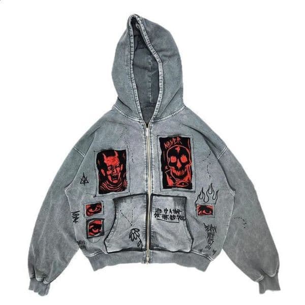 European and American street Y2K devil print fashion trend Harajuku heavyweight mens and womens loose hooded hoodie Y2K EMO 260208