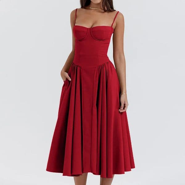 Summer Women Elegant Sleeveless Backless Pleated Dresses Lady Sexy Solid Sling Midi Dress Female Party Evening A-line Robes 260209