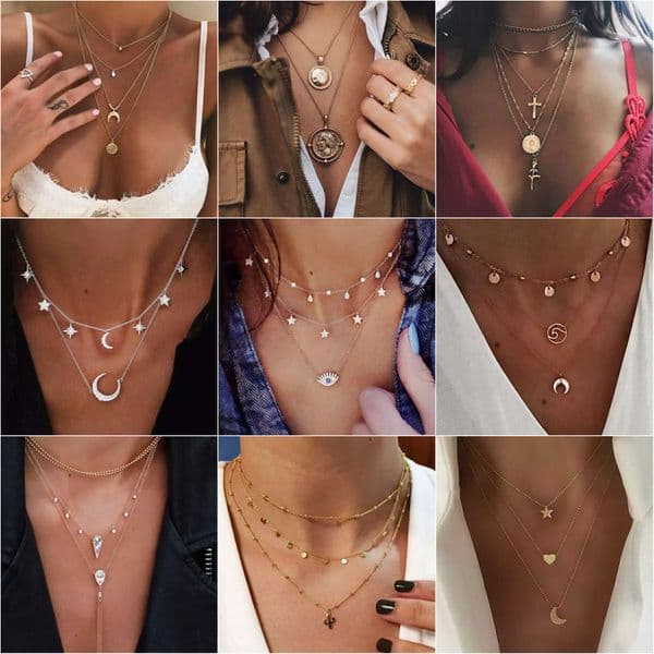 Free Shipping Minimalist Metal Multi-Layer Necklace For Women, Simple Long Cross Moon Collarbone Chain Pendant
