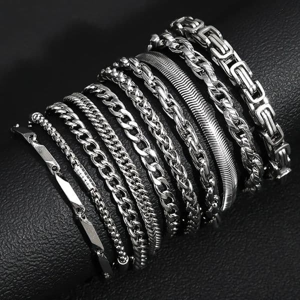 10Pcs/Set Mens Stainless Steel Bracelets - Rock Style Interlocking n Waterproof Jewelry Exquisite Gift 260120