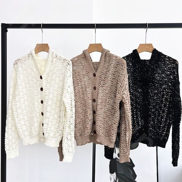 Luxury Designer Women Hooded Cardigan Single-breasted Long-sleeved Openwork Sequined Loose Sweater Tops B1289