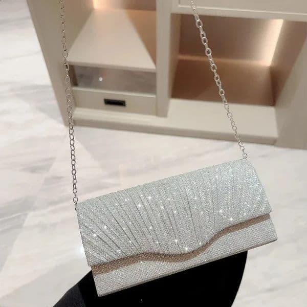 Glitter Ladies Silver Clutch Bag Envelope Evening Fashion Elegant Long Purse Women Chain Shoulder Bags Wedding Party Handbag 260208
