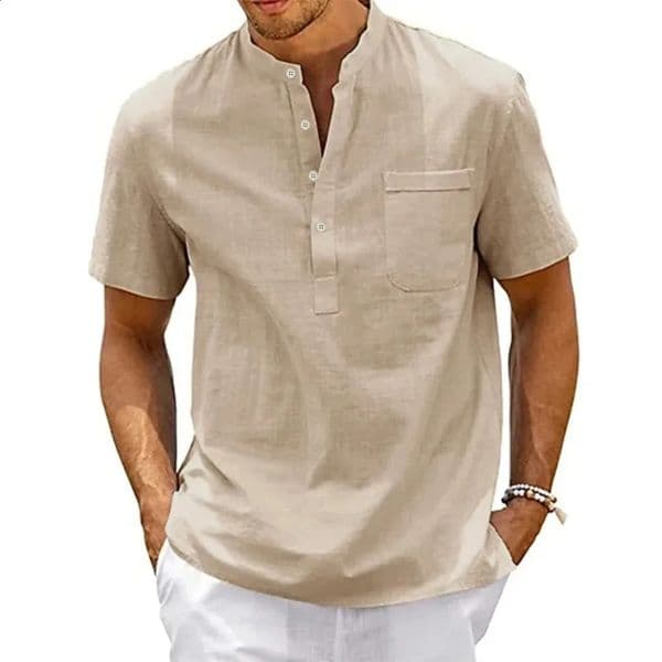 Cotton Linen Shirt Men Henley Neck Pocket Casual Beach Short Sleeve Solid Color Male Tops T-shirts Vintage Streetwear 260227