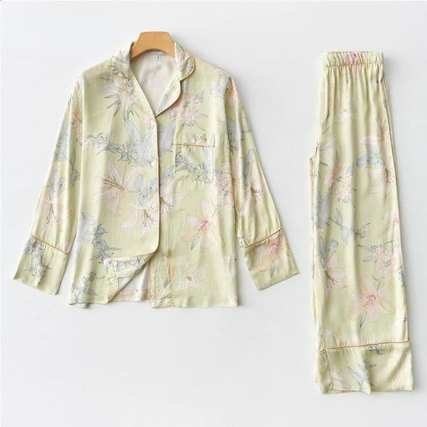 y Floral Pajama Set Women Silklike Viscose Loungewear Elegant Lily Print Sleepwear 2 Piece with Piping Long Sleeve Suit 260122