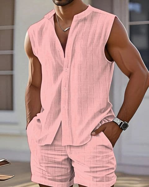 Mens Summer Casual Beach Stand-Up Collar Set Jacquard Solid-Color Sleeveless Shirt And Shorts Fashionable Comfortable Two-Piece 260122