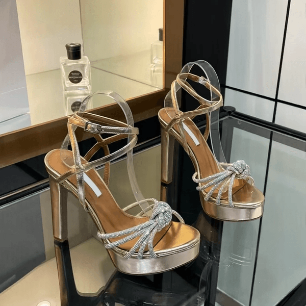 designer shoe woman Chunky high Heel Waterproof Platform Sandals Genuine Leather Rhinestones Ankle Strap Party dress Shoes Luxury aquazzurra heel Sandal with box
