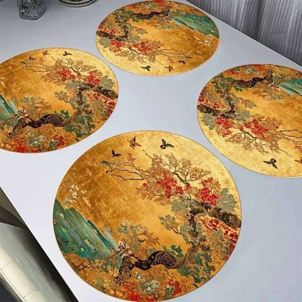 VIKAMA 4PC Oriental Floral And Bird Print Chinese Banquet Table Decorative Accessories Placemats 26L0212
