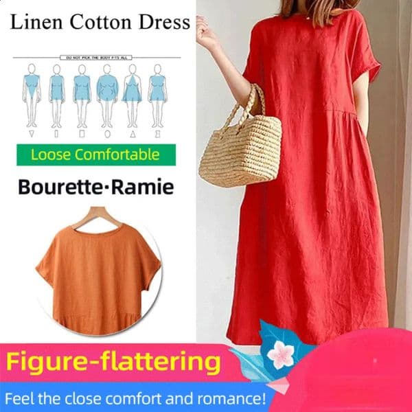 Japanese Style Linen Cotton Dress Long Solid Color Casual And Loose Skirt Womens Short Sleeve Slim Fit 260130