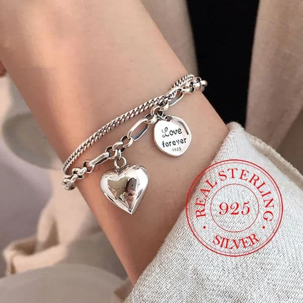 Elegant 925 Sterling Silver Love Letter Heart Double Layer Bracelet Female Unique Thai Silver Retro Light Jewelry 260208