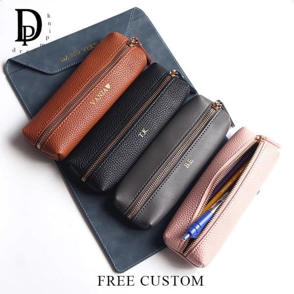 Custom Name Leather Pencil Case Business School Student Zipper Pen Bag Wholesale Cosmetic Bag Storage Bag Personalized Mini Gift 260203