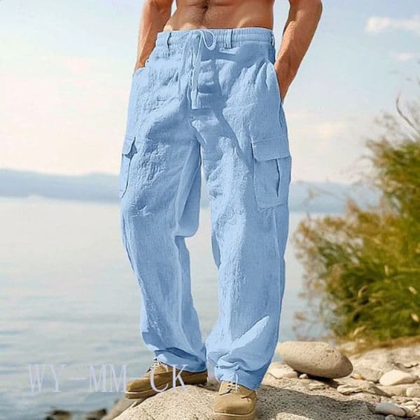 European And American Mens Cotton And Linen Trousers Multi-pocket Work Pants Loose Straight Sportswear And Casual Trousers 260208
