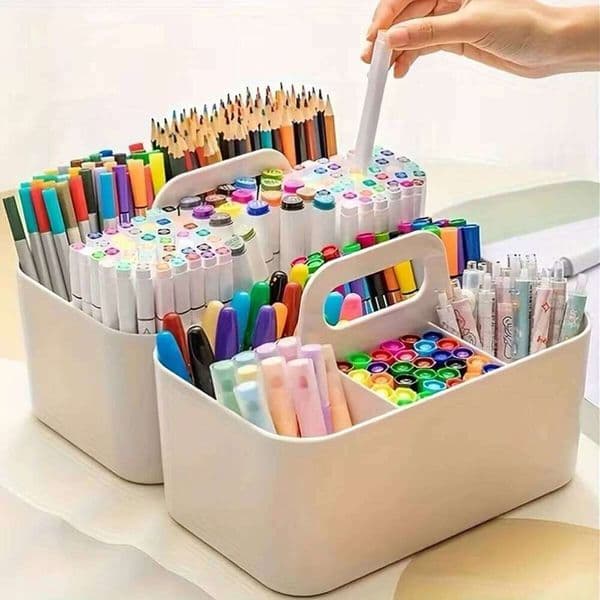 5-Compartment Plastic Storage Basket with Handle, Portable Office Desk Organizer for Pens, Pencils, Stationery, Mixed Color 26Y0211