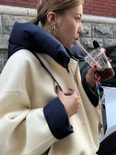 Hooded Woolen Jacket Coat Large Pocket Metal Button Commute Women Short Overcoat Contrast Color Outwear Loose Casual Blouse 260126