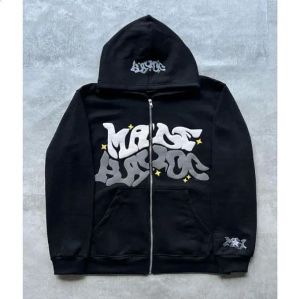 Zipper hooded sweatshirt with retro American letters suitable for men and women wearing Y2K jacket autumn/winter cardigan 260208